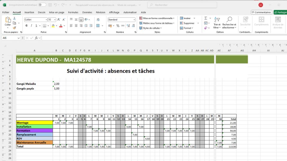 Planning mensuel des absences dans Excel Planning mensuel des absences dans Excel