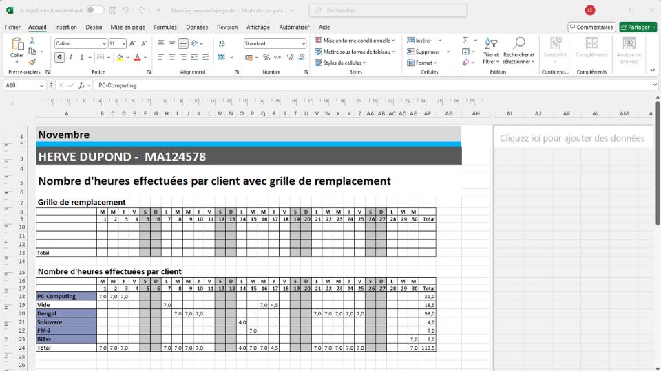 Planning mensuel des heures dans Excel Planning mensuel des heures dans Excel