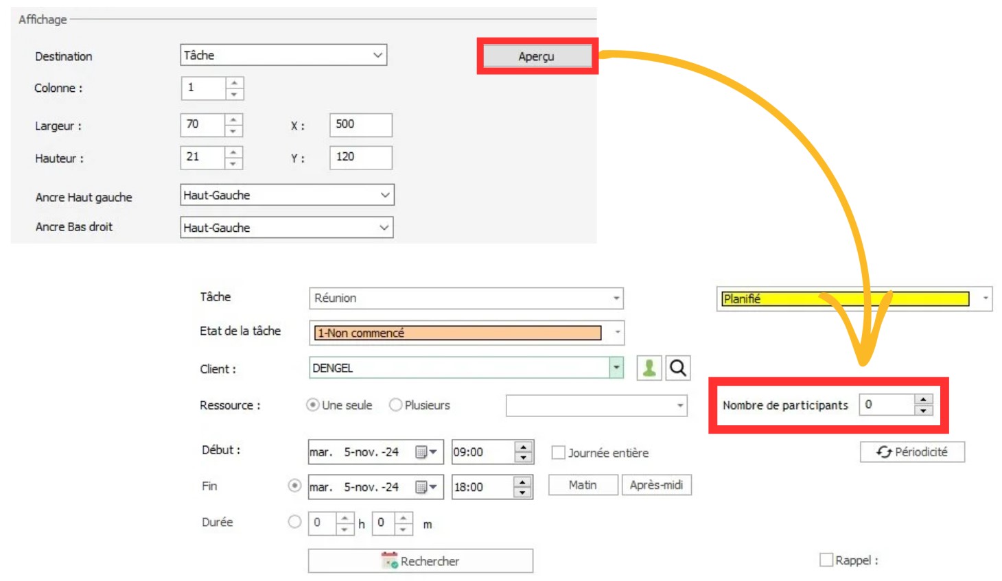 Aper�u visuel de la position des champs personnalis�s