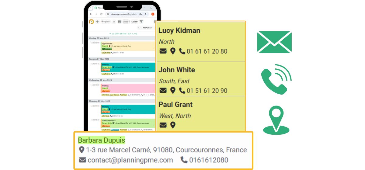 Ic�nes num�ro de t�l�phone, e-mail et adresse cliquables