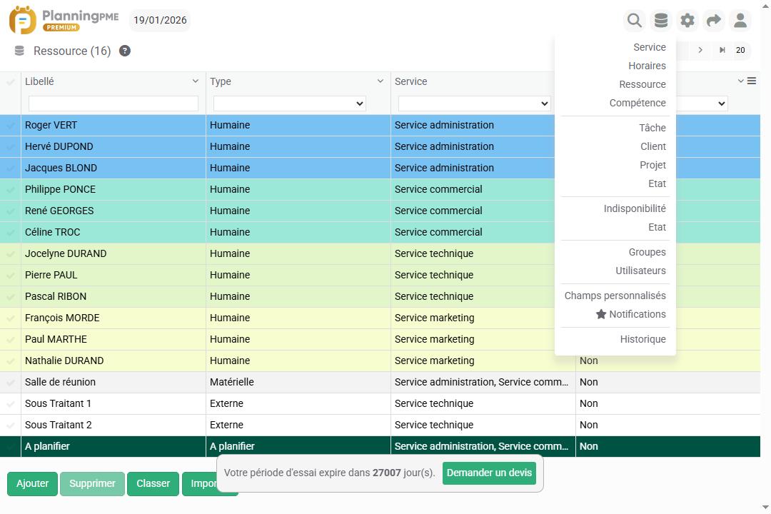 Gestion des personnes dans le planning