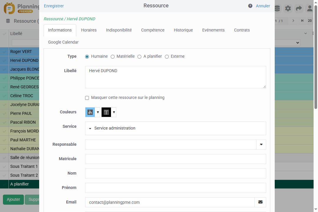 Gestion des personnes dans le planning