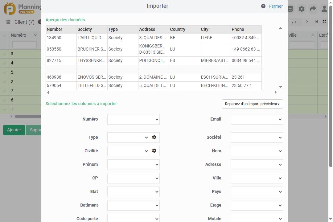 Import de clients