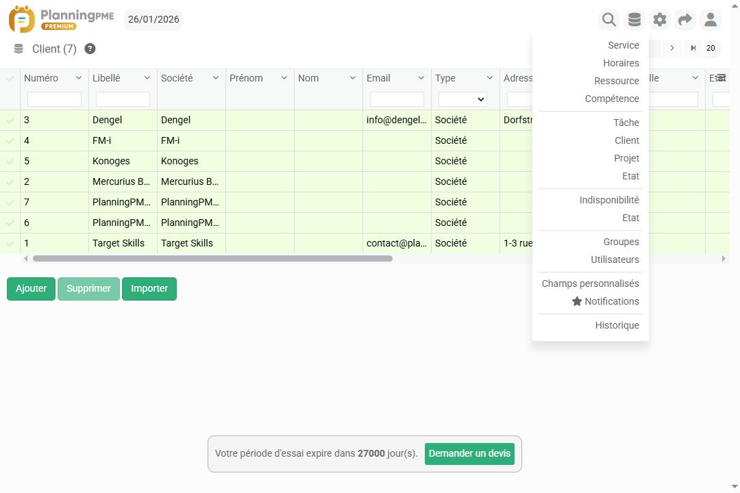 Menu clients