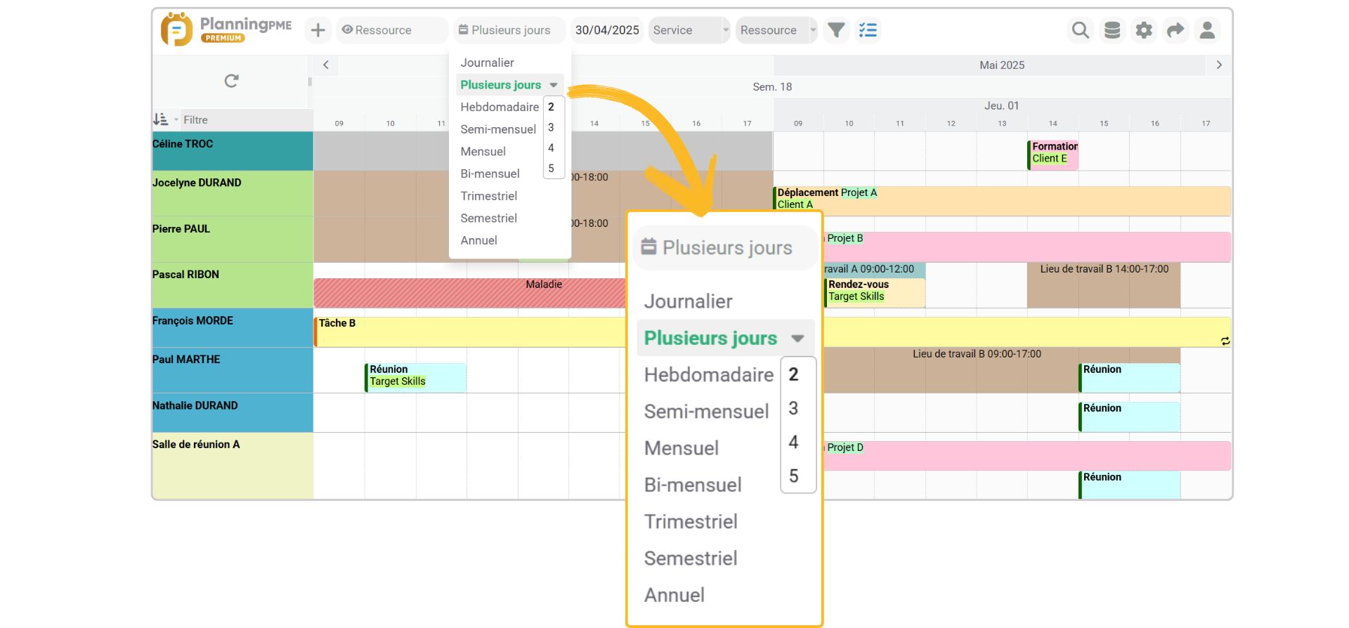 Affichage du planning de 2 � 5 jours